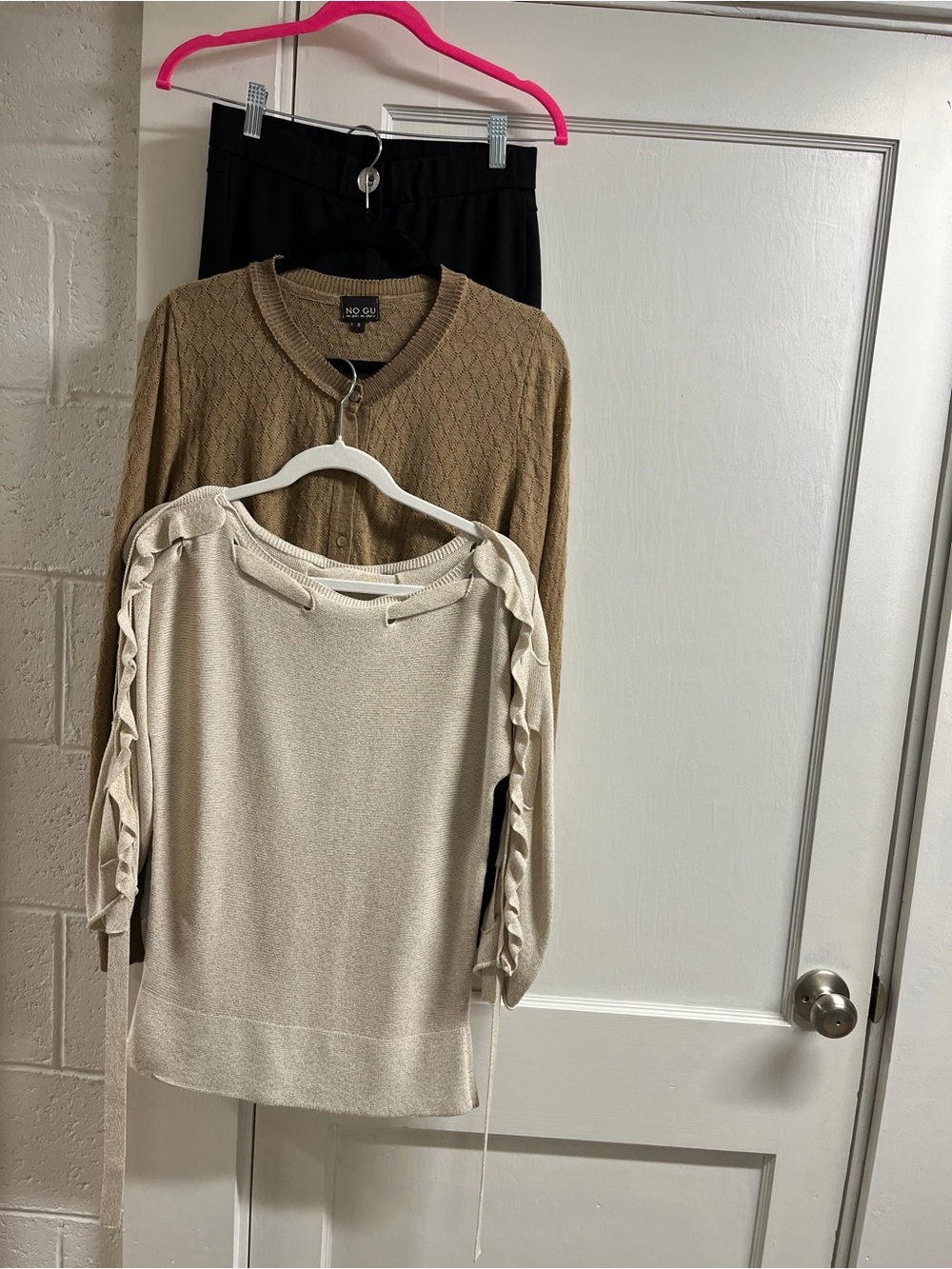 NO GU cardi and MARELLA Women's Sweater- Beige and Tan/cute black pants